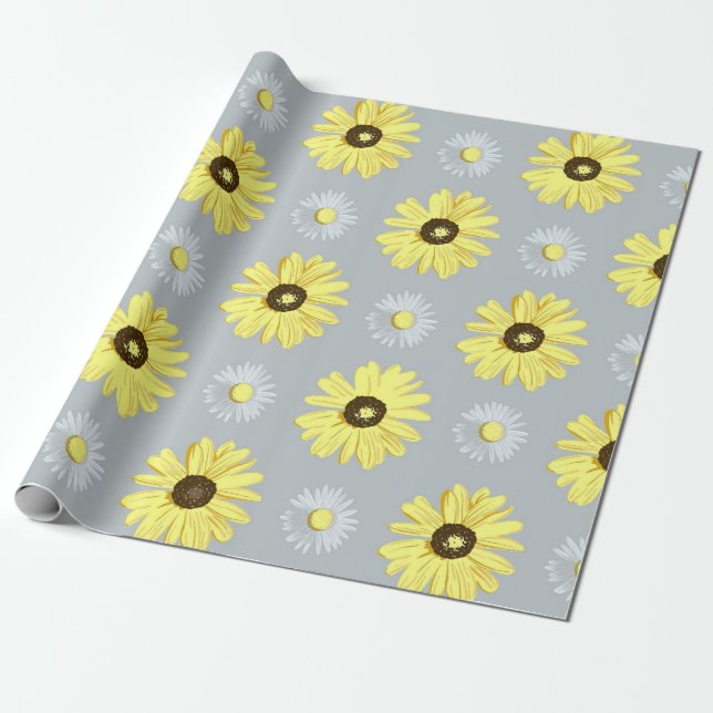 Daisyvitgult på grå färgsjalpapper presentpapper (Utrullad)
