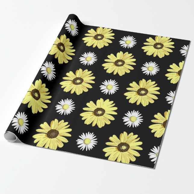 Daisyvitgult på svart slående in papper presentpapper (Utrullad)