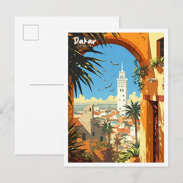 Dakar Senegal Vintage Art Illustration Travel Vykort (Fram/baksida)