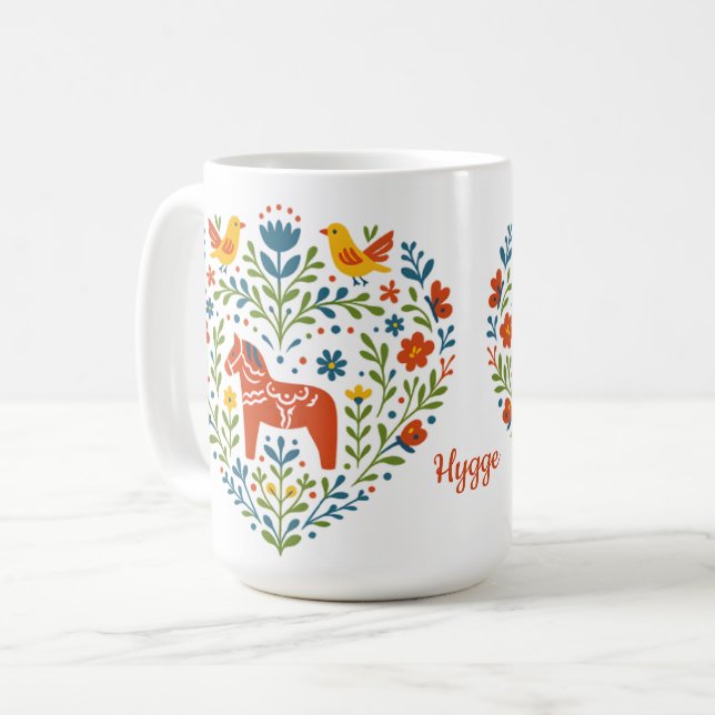 Dala Horse Folk Art Hygge Heart Pattern Mug Kaffemugg (Framsida vänster)