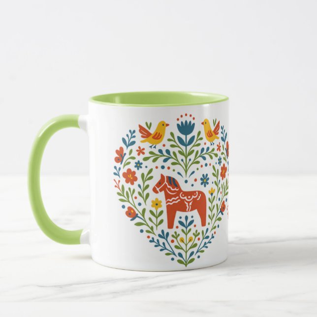 Dala Horse Folk Art Hygge Heart Pattern Mug Mugg (Vänster)