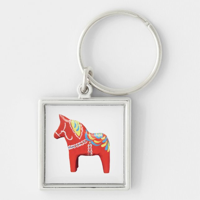 Dala Horse Keychain Fyrkantig Silverfärgad Nyckelring (Framsidan)
