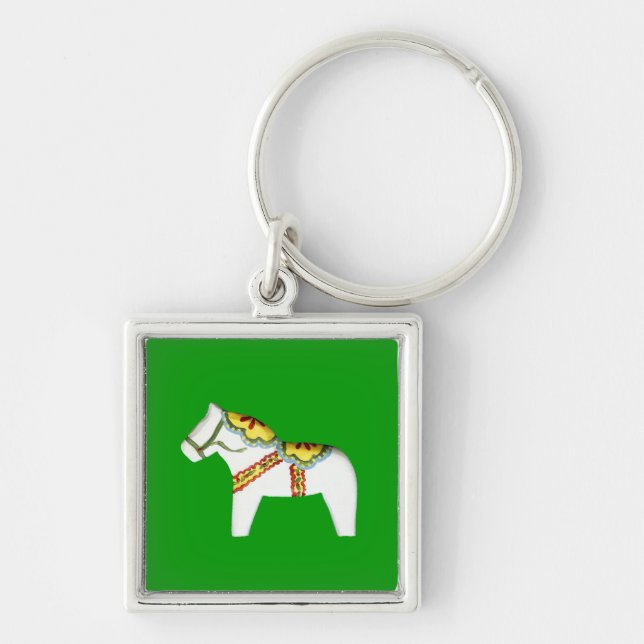 Dala Horse Keychain Fyrkantig Silverfärgad Nyckelring (Framsidan)