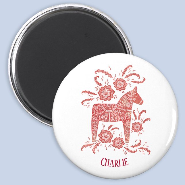 Dala Horse svensk Personlig Magnet (Swedish Dala Horse red and white folk art personalized name magnet)