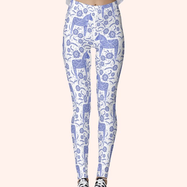 Dala Horse Swedish Indigo and White Mönster Leggings (Swedish Dala Horse blue and white pattern leggings)