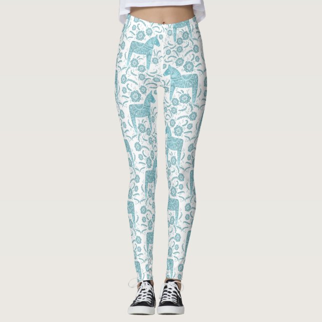 Dala Horse Swedish Teal and White Mönster Leggings (Framsida)