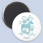 Dala Horse Teal svensk folkart eget namn Magnet<br><div class="desc">En teal grönt och vit målning av en svensk Dala Horse. Perfekt för häst och ponny älskare. Ändra namn för att anpassa.</div>