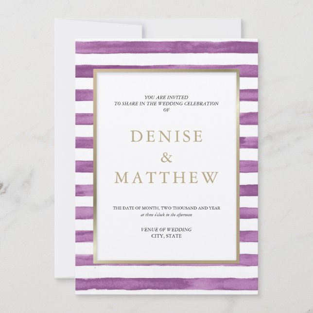 Dalia lila akvarellränder & guldtextur  inbjudningar (Framsida)