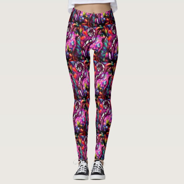 Dålig Abstrakt Kattunge Blommigt Red Grönt Rosa Leggings (Framsida)