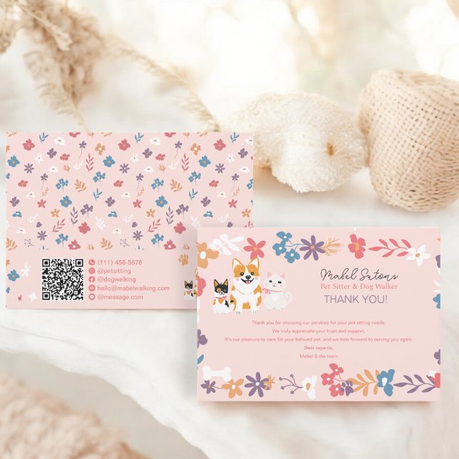 Dålig blommigt, hundvalkverksamhet för barnvakt tack kort (Whimsical floral pet sitter dog walker business thank you card)