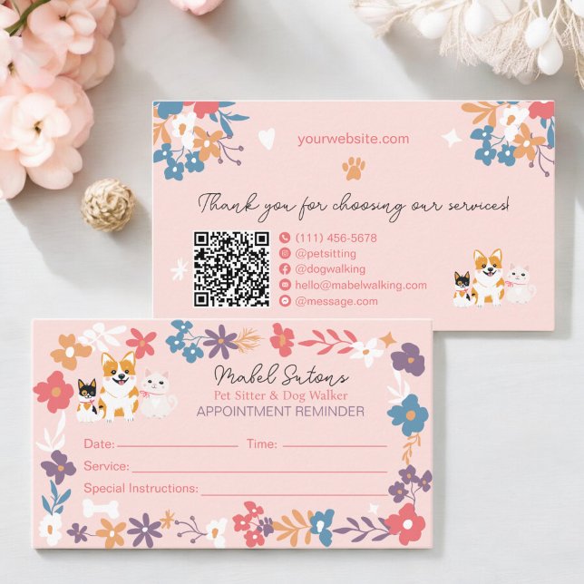 Dålig blommigt, hundvalkverksamhet för barnvakt tidsbeställning kort (Whimsical floral pet sitter dog walker business appointment card)