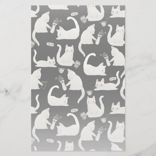 Dålig katter som knackar Saker över, vit katter på Brevpapper (Framsida)