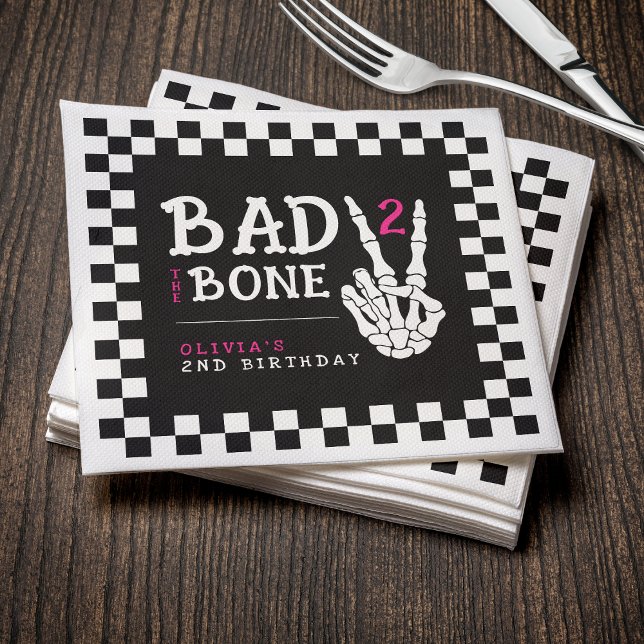 Dålig Skeleton Rosa 2-års Födelsedagsfest Pappersservett (Bad 2 the Bone Skeleton Pink 2nd Birthday Party Napkins
)