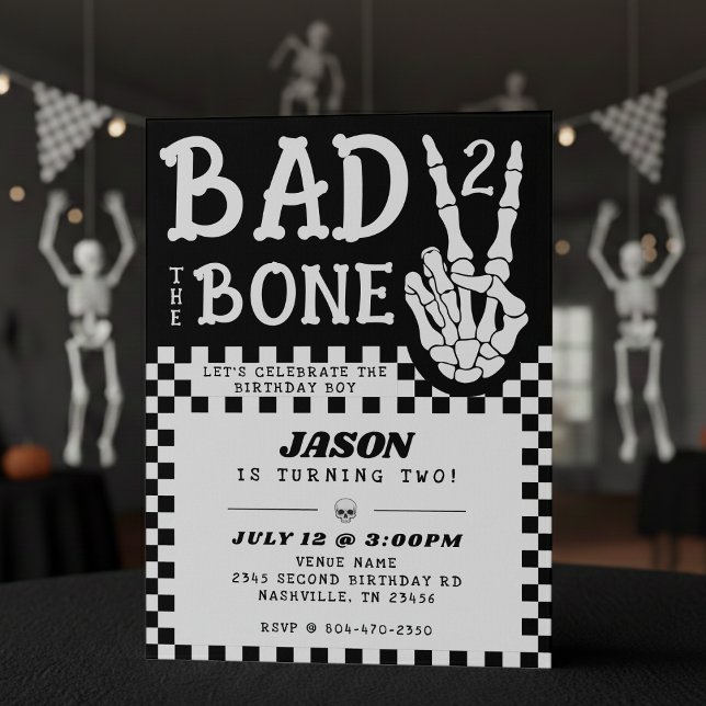 Dålig till benet skelett 2-års födelsedagsfest inbjudningar (Bad 2 the Bone Skeleton 2nd Birthday Party Invitation
)