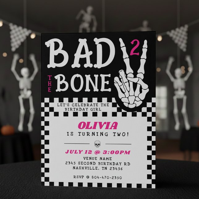 Dålig till benet skelett rosa 2-års födelsedagsfes inbjudningar (Bad 2 the Bone Skeleton Pink 2nd Birthday Party Invitation
)