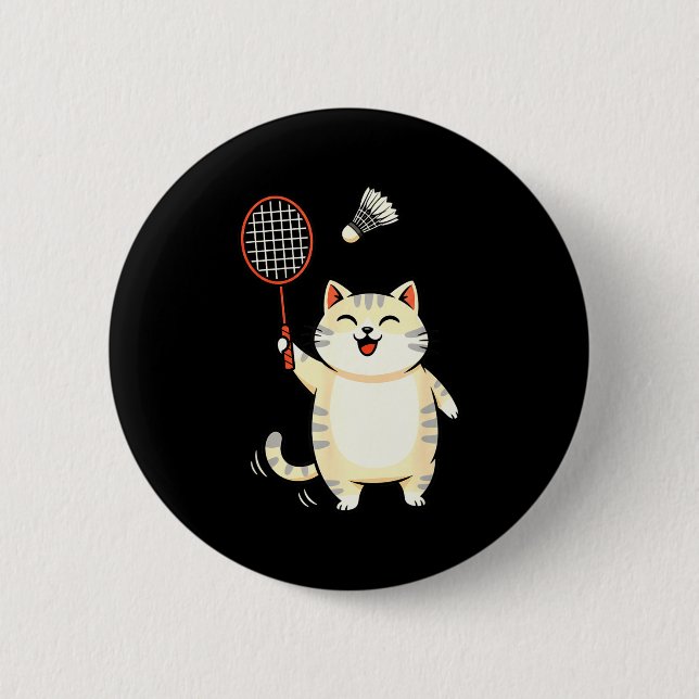Dåligminton Katt Tecknad Konst, Rolig Katt Design  Knapp (Framsida)