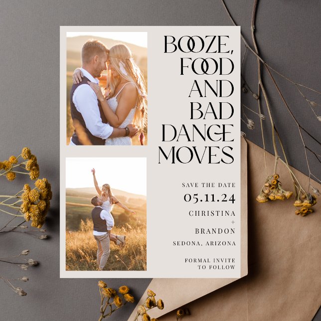 Dåligt doft i sprit för foto Modern Spara Datumet (Booze Food Bad Dance Moves Photo Modern Save The Date)