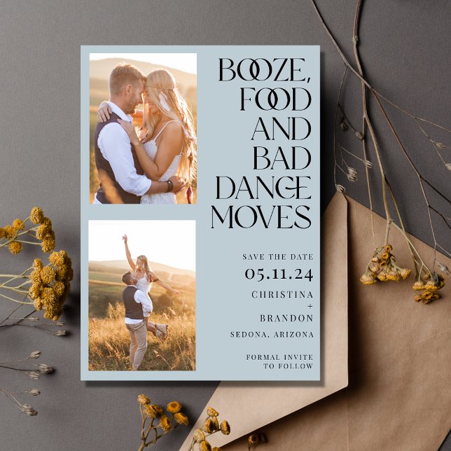 Dåligt doft i sprit för foto Modern Spara Datumet (Booze Food Bad Dance Moves Photo Modern Save The Date)