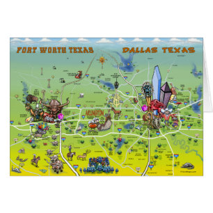 Dallas Fort Worth Tecknad Karta Hälsningskort