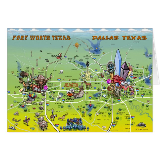 Dallas Fort Worth Tecknad Karta Hälsningskort (Framsidan Horizontal)