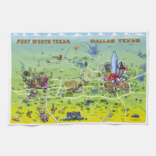 Dallas Fort Worth Tecknad Karta Kökshandduk