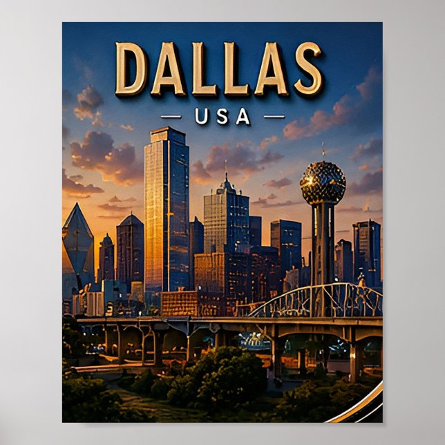 Dallas Reseskylinje och Reunion Tower Poster (Framsidan)