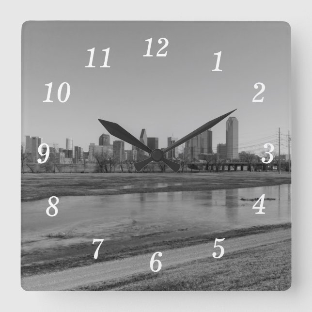 Dallas Skyline Grayscale Wall Clock Fyrkantig Klocka (Framsida)