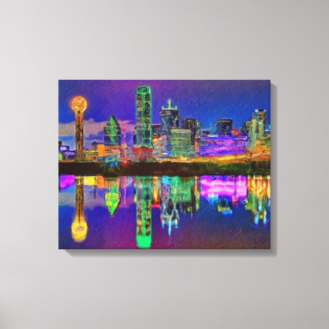 Dallas Skyline vid Nattutredigering av Canvas Art (Framsida)
