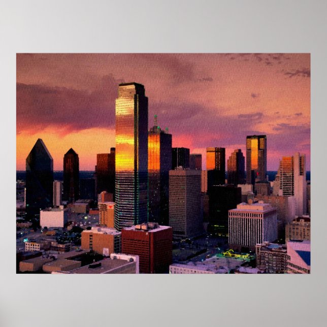 Dallas Skyline vid Sunset Poster (Framsidan)