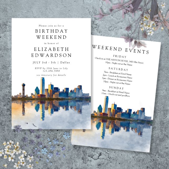 Dallas Skyline Watercolor Födelsedagshelg Inbjudningar (Dallas Skyline Watercolor Birthday Weekend Invitation)