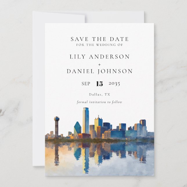 Dallas Skyline Watercolor Photo Wedding Spara Datumet (Framsida)