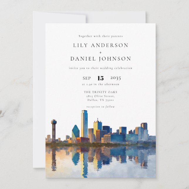 Dallas Skyline Watercolor QR Code Wedding Inbjudningar (Framsida)
