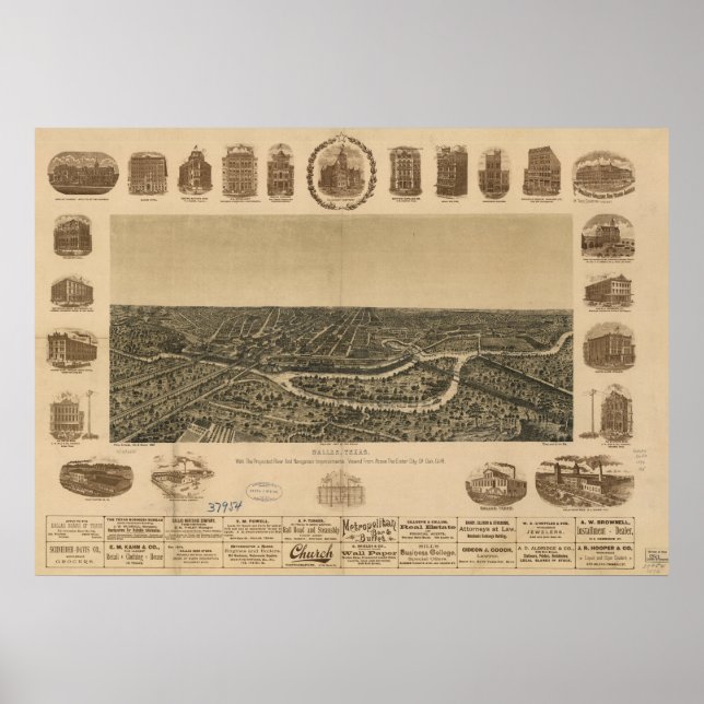 Dallas Texas 1892 Antique Panoramic Karta Poster (Framsidan)