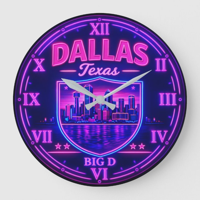 Dallas Texas Big D Skyline Neon Stor Klocka (Framsida)