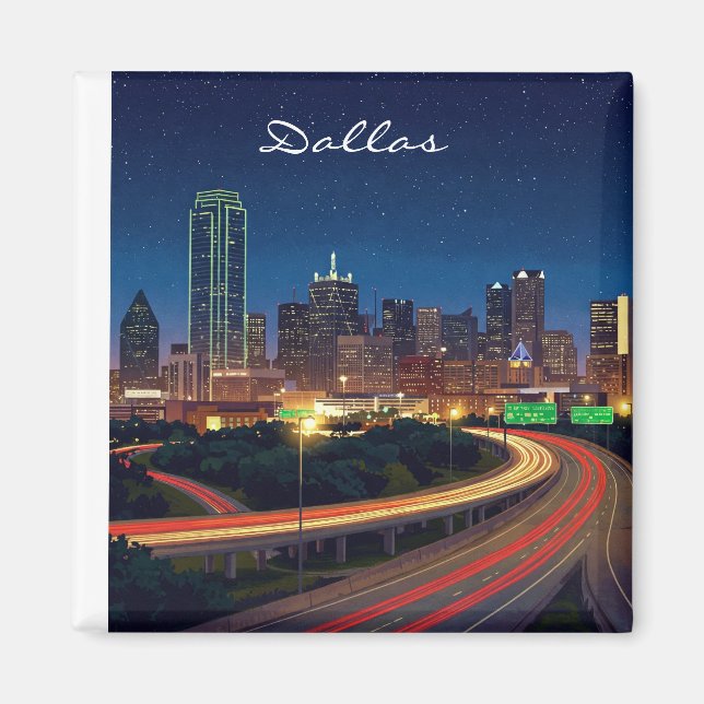 Dallas Texas Night Postcard Magnet (Framsidan)