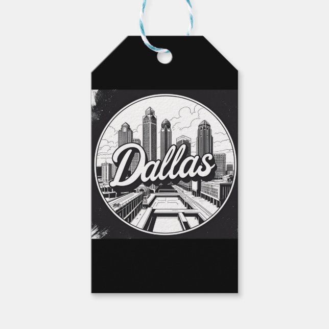Dallas Texas Siluett Svart och Vitt Stadspanorama Presentetikett (Framsidan)