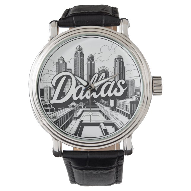 Dallas Texas Skyline Black and White Cityscape Armbandsur (Framsida)