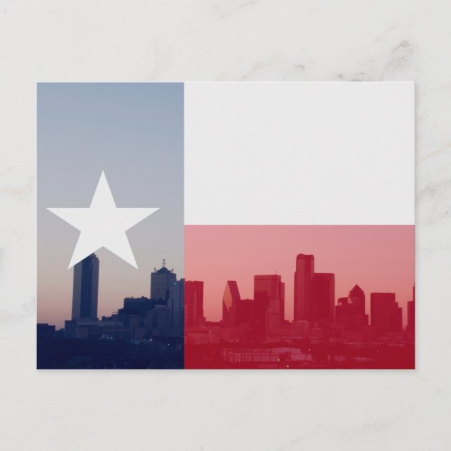 Dallas, Texas Skyline med Texas Flagga Superposed Vykort (Framsida)