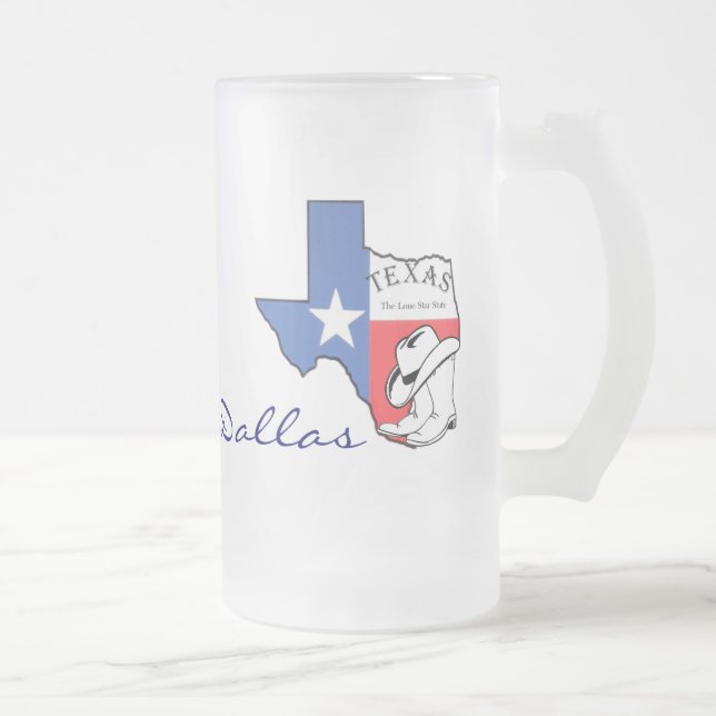 Dallas, Texas State Karta med Star, Boots, Hat Mug Frostat Ölglas (Höger)
