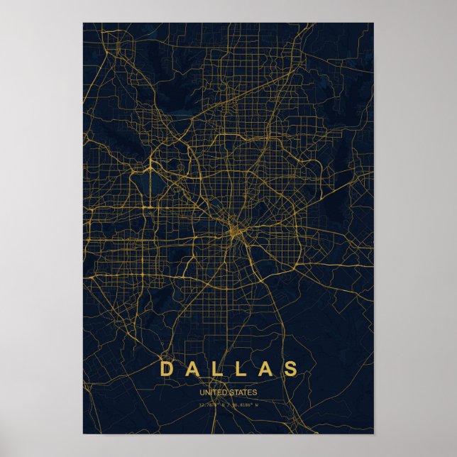 Dallas Texas Stiliserad Karttryck | Modern Highlig Poster (Framsidan)