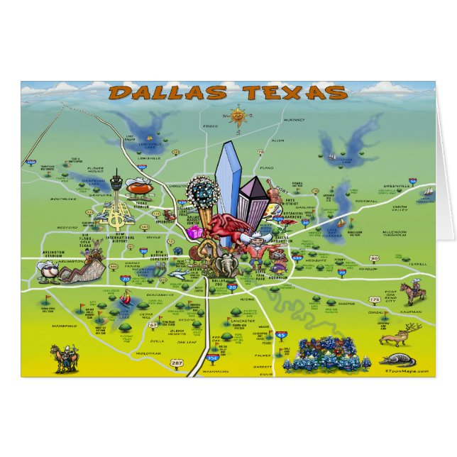 Dallas Texas Tecknad Karta Hälsningskort (Framsidan Horizontal)
