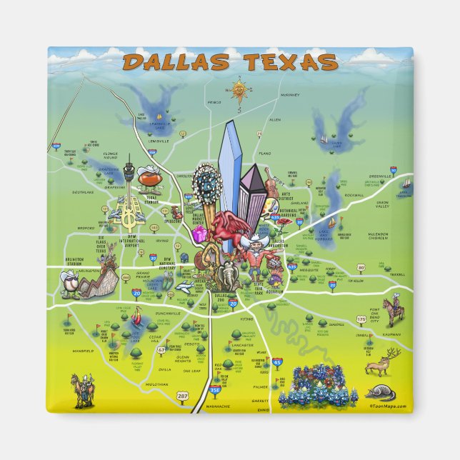 Dallas Texas Tecknad Karta Magnet (Framsidan)
