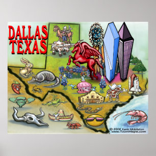 Dallas TEXAS Tecknad Karta Poster