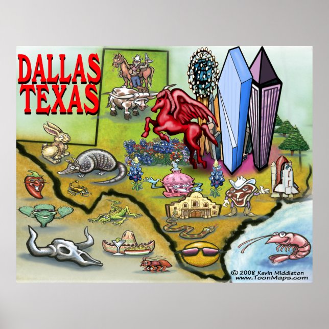 Dallas TEXAS Tecknad Karta Poster (Framsidan)