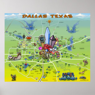 Dallas Texas tecknadkarta Poster