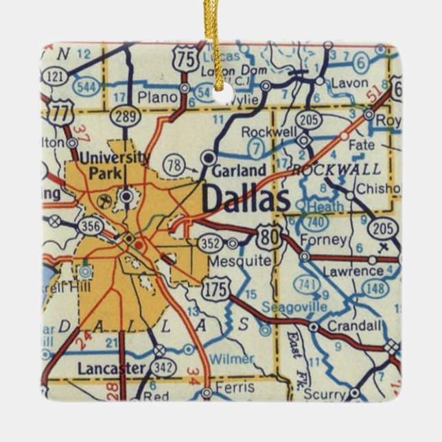 Dallas Texas Vintage Karta Julgransprydnad Keramik (Framsida)