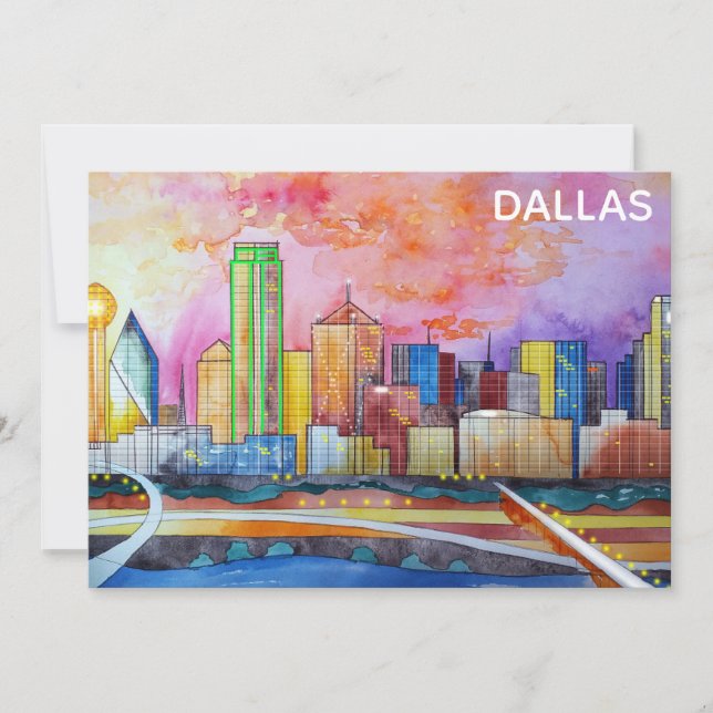 Dallas Texas Watercolor City Skyline Flat Card (Framsida)
