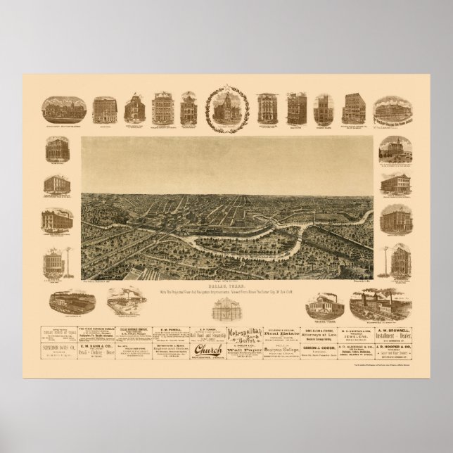 Dallas, TX Panoramic Karta - 1892 Poster (Framsidan)