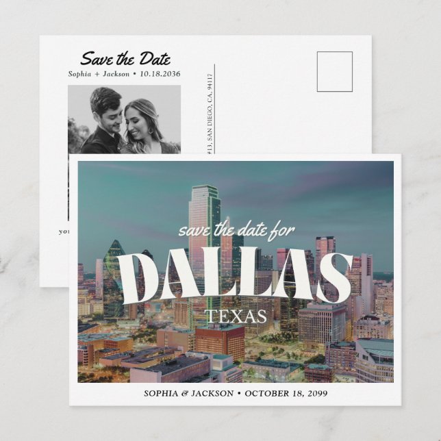 Dallas Wedding Save the Date Retro Skyline Vykort (Fram/baksida)