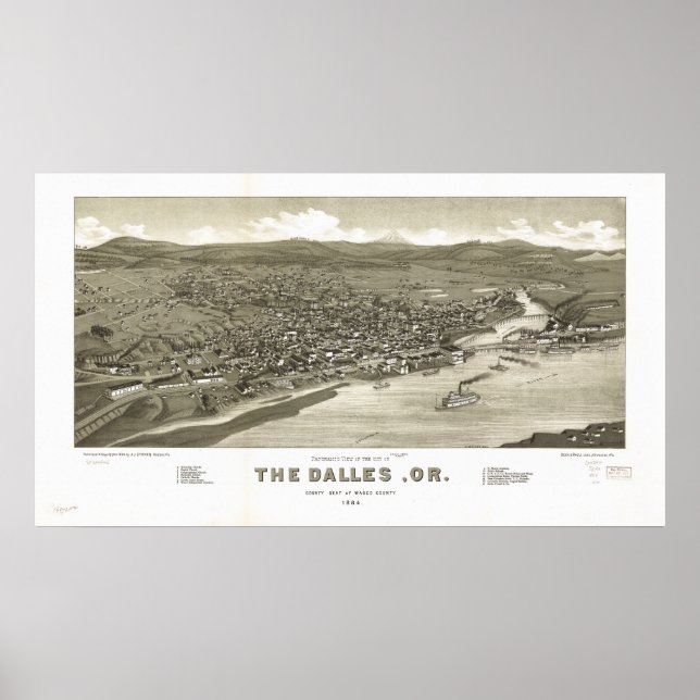 Dalles Oregon 1884 Antique Panoramic Karta Poster (Framsidan)
